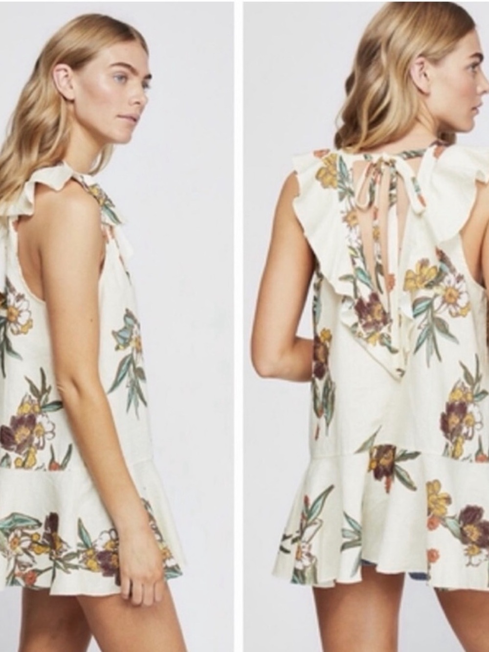 Free People Summer In Tulum Mini Dress tunic top small linen ruffle floral swing